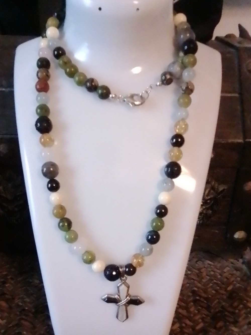 Mother Of Pearl  Cross Necklace in Green & Black Onyx Sterling Silver